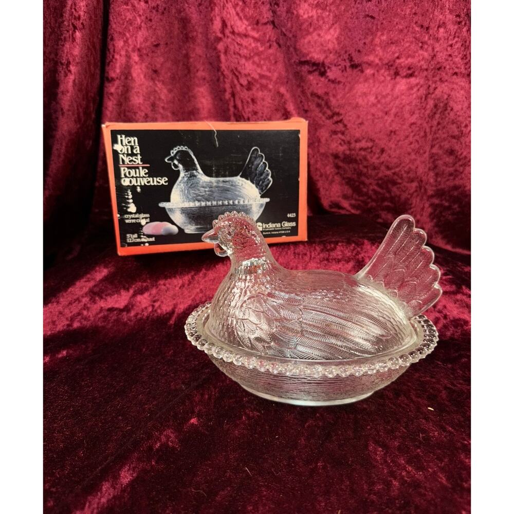 VTG Crystal Glass Hen on Nest Dish Beaded Rim Covered Candy Bowl & Original Box